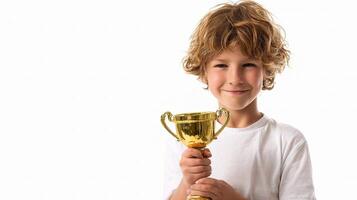 A young boy holding a gold trophy photo