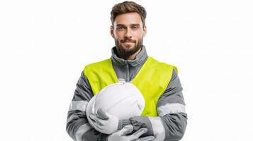 A man in a yellow vest holding a hard hat photo