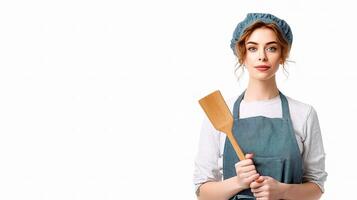 A woman in an apron holding a wooden spoon photo