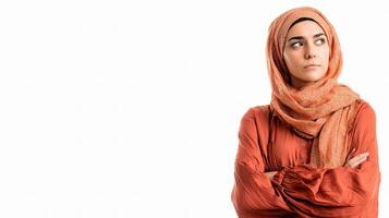 A woman wearing a hijab and standing with her arms crossed photo