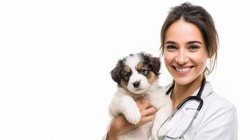 A woman in a doctor's coat holding a puppy photo