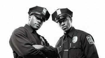 Two black men in police uniforms standing next to each other photo
