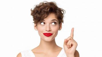 A woman with red lips pointing up photo