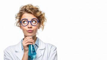 A woman in a lab coat holding a bottle photo