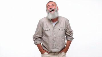 A man with a long beard and a white beard is laughing photo