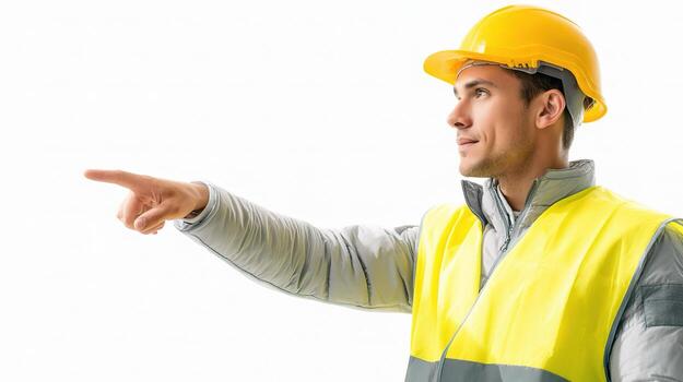 A man in a yellow vest pointing at something photo