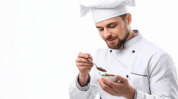 A man in a chef hat is eating a bowl of food photo