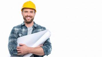 A smiling man in a hard hat holding blueprints photo