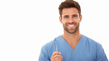 A smiling man in scrub clothes holding a toothbrush photo