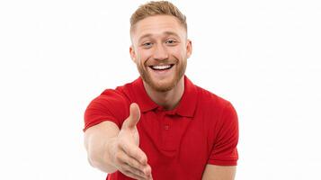 A man in a red polo shirt is giving a thumbs up photo