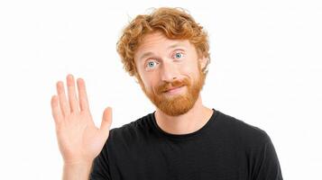 A man with red hair and a beard is making a stop sign photo
