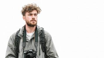 A man with a camera and backpack standing in front of a white background photo