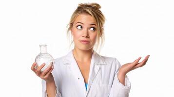 A woman in a lab coat holding a glass bottle photo
