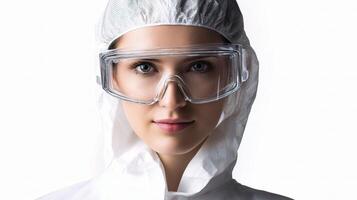 A woman wearing a protective suit and goggles photo