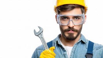 A man with a yellow helmet and safety glasses holding a wrench photo
