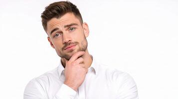 A man in a white shirt is looking up photo