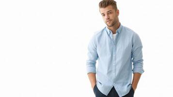 A man in a blue shirt and pants photo