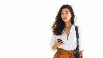 A woman in a white shirt and brown skirt holding a cell phone photo