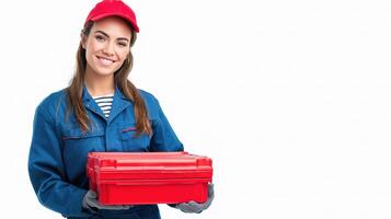 A woman in a blue uniform holding a red toolbox photo
