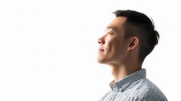 A man looking up at something on a white background photo