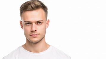 A man in a white t - shirt looking at the camera photo