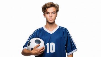 A young man in a blue soccer uniform holding a ball photo