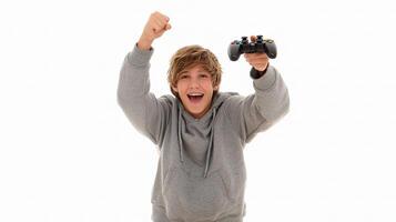 A young man holding a game controller photo