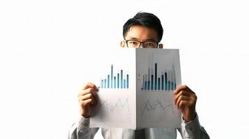 A man in a suit holding a piece of paper with graphs on it photo