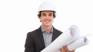 A man in a suit holding a blueprint photo