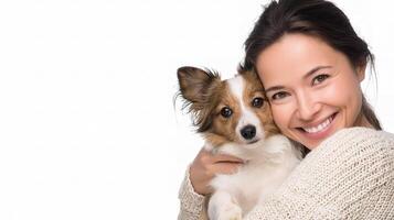 A woman is holding a dog and smiling photo