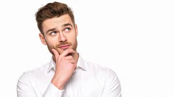 A man in a white shirt is thinking photo