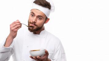 A man in a chef's uniform eating cereal photo