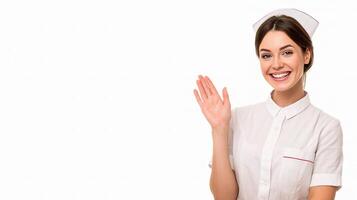 A woman in a white uniform is waving photo