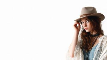 A woman wearing a hat and a dress photo