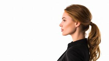 A woman in a black suit looking off to the side photo