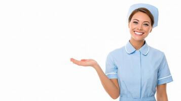 A smiling nurse holding up a hand with a copy space photo