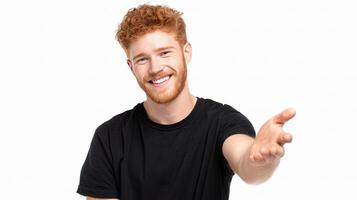 A man with red hair is smiling and pointing photo
