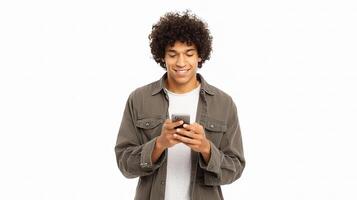 A young man is smiling while holding a cell phone photo