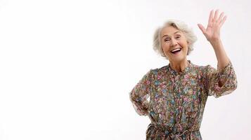 An older woman waving her hands in the air photo