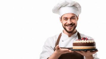 A man in a chef hat holding a cake photo