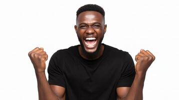 A man with a black shirt and beard is celebrating photo