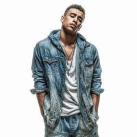 A man in a denim jacket and jeans posing photo