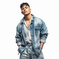 A man in a denim jacket and shorts photo