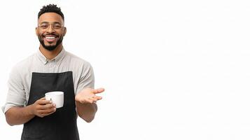A smiling black man holding a cup of coffee photo