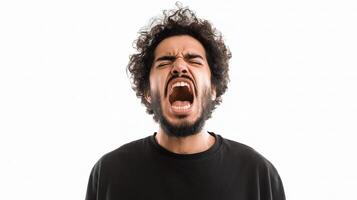 A man with curly hair is screaming photo