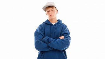 A young man in a blue hoodie and cap photo