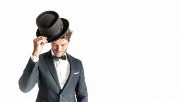 A man in a suit and tie is holding a hat photo