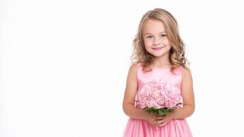 A little girl in a pink dress holding a bouquet photo