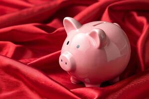 pink piggy bank on red satin photo