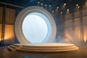 a stage with a large circular stage in front of a large white circle photo